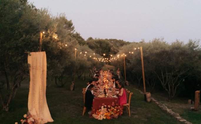 Structure de guirlandes pour un repas en plein air.